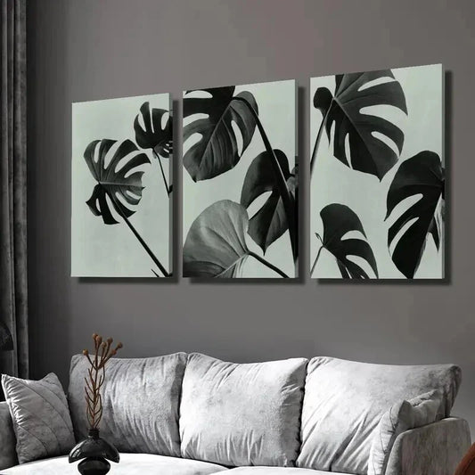 3pcs Black & White Botanical Monstera Leaf Wall Art Set Canvas Framed 50x70cm - High Quality Print 100% Australian Made Wall Canvas Ready to Hang