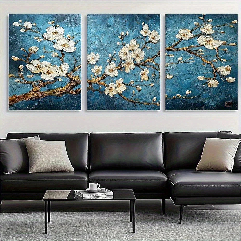 3pcs Elegant White Flowers on Blue Metal Print Ready to Hang Art