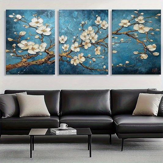3pcs Elegant White Flowers on Blue Metal Print Ready to Hang Art