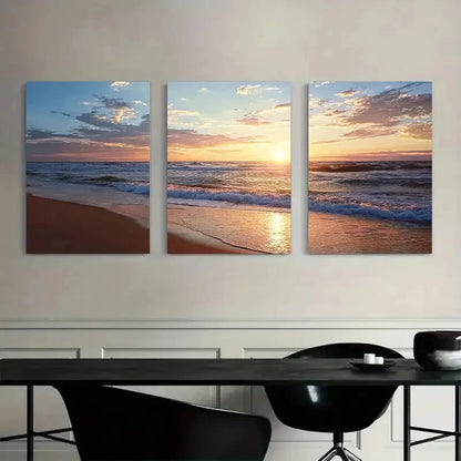 3pcs Beach Sunset Scene with Golden Sand Metal Print Ready to Hang Art