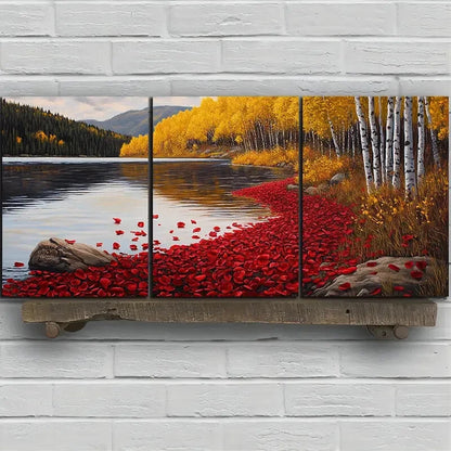 3pcs Autumn Lakeside with Red Poppies Metal Print Ready to Hang Art