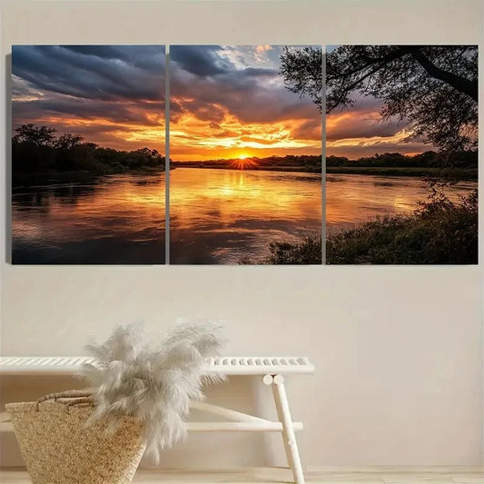 3pcs Sunset Over An East Texas River Illustration Metal Print Ready to Hang Art