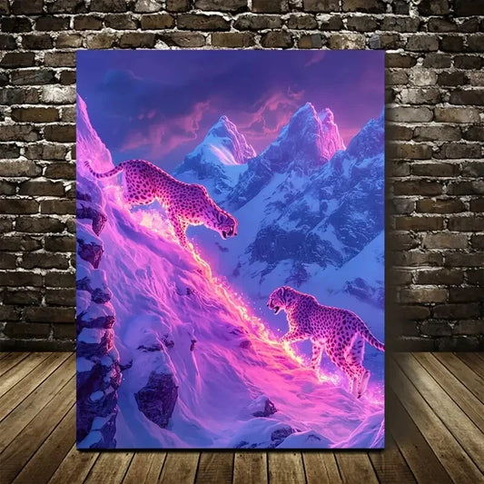 Neon Cheetahs in Snowy Mountain Scene Painting 40x60cm Metal Print Ready to Hang