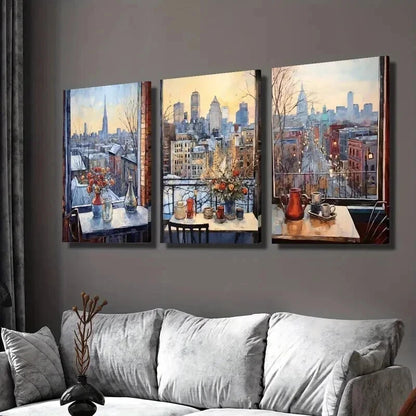 3pcs Chicago Winter Cityscape Window View Wall Art Set Canvas Framed 60x90cm - High Quality Print 100% Australian Made Wall Canvas Ready to Hang - Bella Home Decor