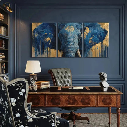 3pcs Abstract Blue Elephant Art Golden Accents Metal Print Ready to Hang Art