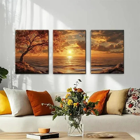 3pcs Golden Sunset Seascape Wall Art Set Canvas Unframed - High Quality Print 100% Australian Made Wall Canvas