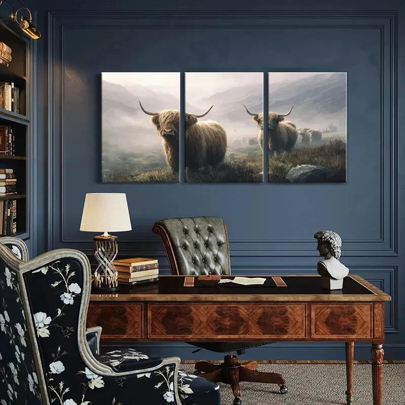 3pcs Highland Cattle Mountain Landscape Scene Metal Print Ready to Hang Art