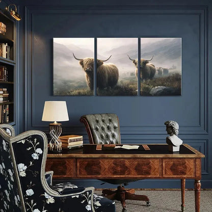 3pcs Highland Cattle Mountain Landscape Scene Metal Print Ready to Hang Art