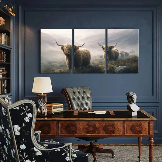 3pcs Highland Cattle Mountain Landscape Scene Metal Print Ready to Hang Art