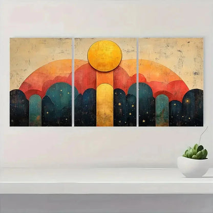 3pcs Abstract Vibrant Geometric Moon & Stars Metal Print Ready to Hang Art