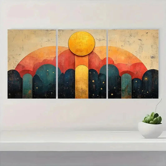 3pcs Abstract Vibrant Geometric Moon & Stars Metal Print Ready to Hang Art