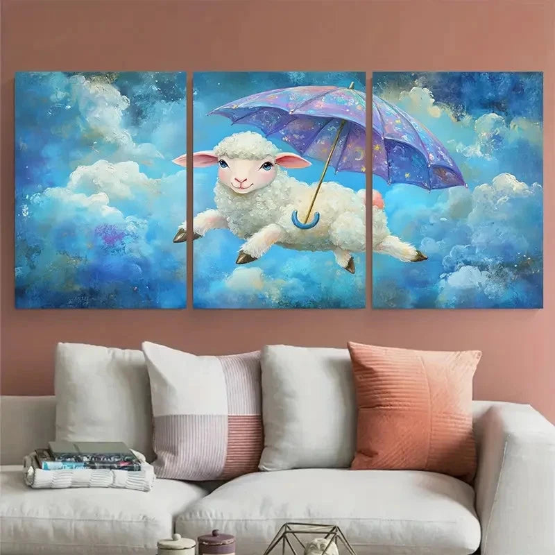 3pcs Flying Sheep with Umbrella Whimsical Design Wall Art Set Canvas Framed 50x70cm - High Quality Print 100% Australian Made Wall Canvas Ready to Hang