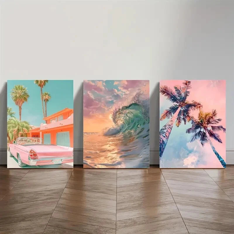 3pcs Tropical Beach & Palm Tree Watercolor Lands Metal Print Ready to Hang Art