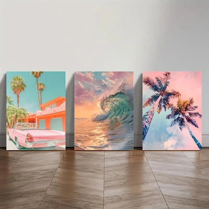 3pcs Tropical Beach & Palm Tree Watercolor Lands Metal Print Ready to Hang Art