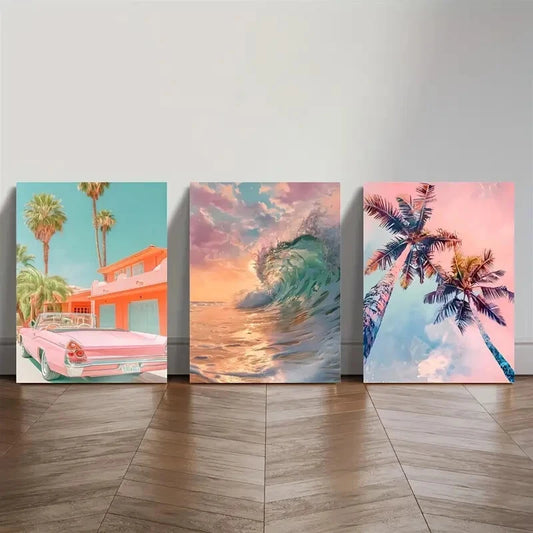 3pcs Tropical Beach & Palm Tree Watercolor Lands Metal Print Ready to Hang Art