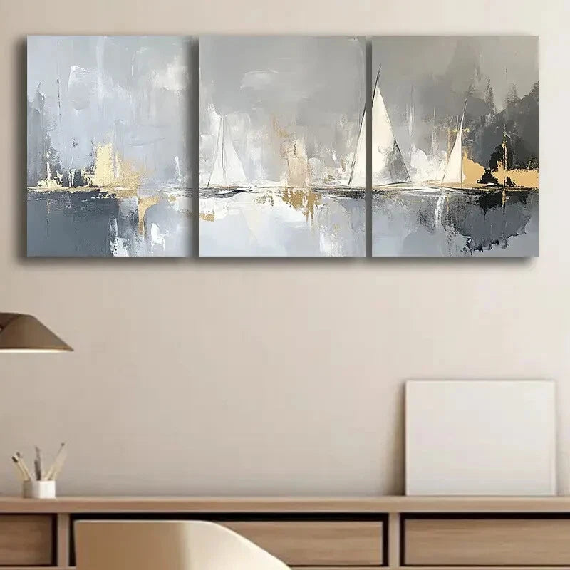3pcs Sailboats On The Water Abstract Paintings Metal Print Ready to Hang Art