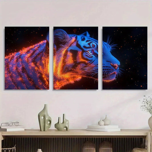 3pcs Fluorescent Tiger Animal Theme Metal Print Ready to Hang Art