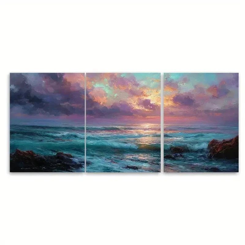 3pcs Cloud Seascape Oil Panoramic Sunset Coastal Metal Print Ready to Hang Art