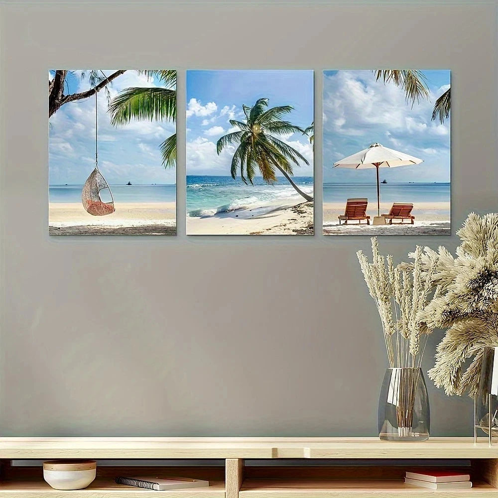 3pcs Tropical Beach Coconut Tree Lounge Chair Metal Print Ready to Hang Art