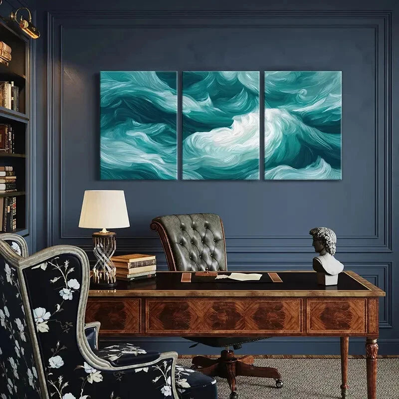 3pcs Abstract Ocean Waves Art Turquoise White Metal Print Ready to Hang Art