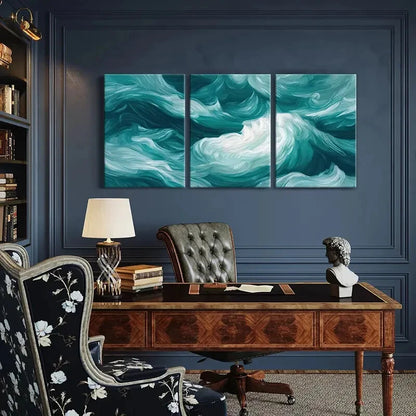 3pcs Abstract Ocean Waves Art Turquoise White Metal Print Ready to Hang Art