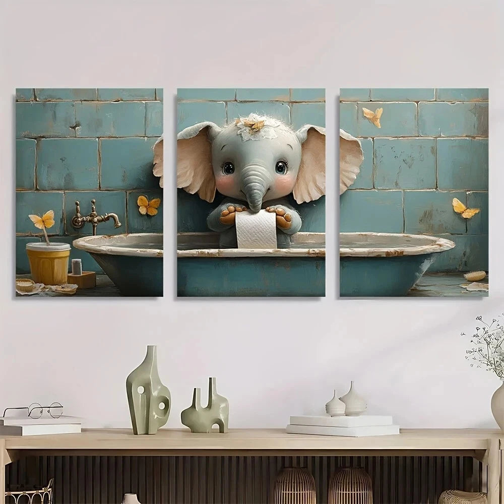 3pcs Funny Elephant Whimsical Toilet Paper Metal Print Ready to Hang Art