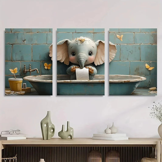 3pcs Funny Elephant Whimsical Toilet Paper Metal Print Ready to Hang Art