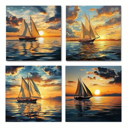 4pcs Modern Sailboat Sunset Wall Art Canvas Framed
