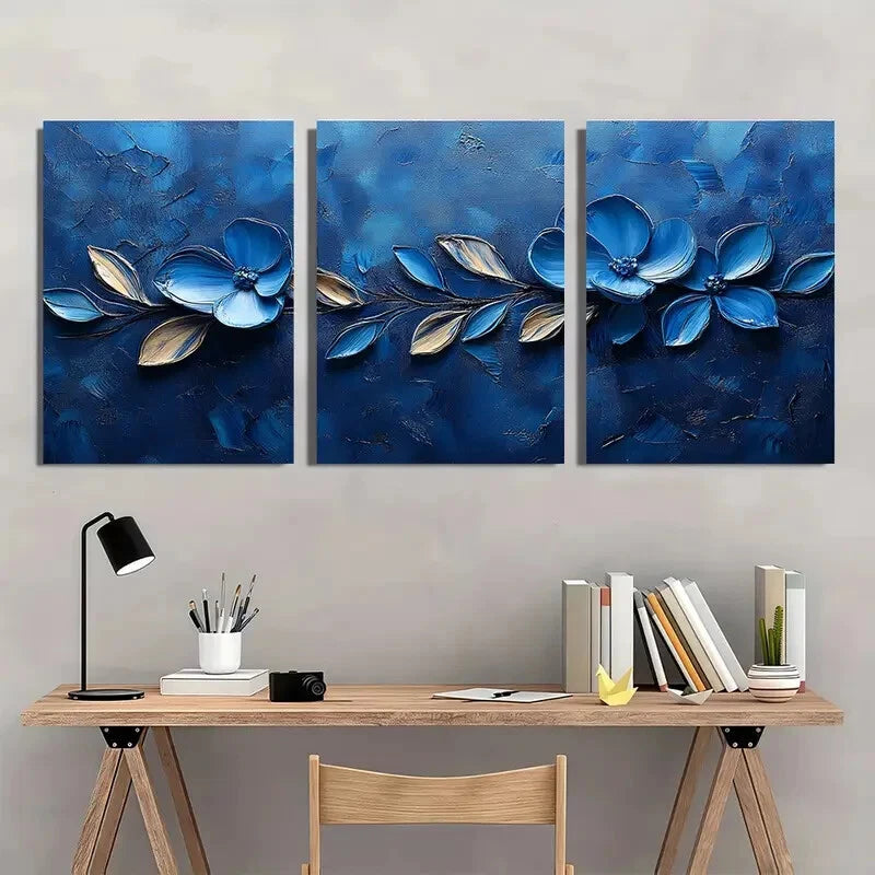 3pcs Featuring Vibrant Blue Flowers and Leaves Metal Print Ready to Hang Art