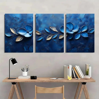 3pcs Featuring Vibrant Blue Flowers and Leaves Metal Print Ready to Hang Art