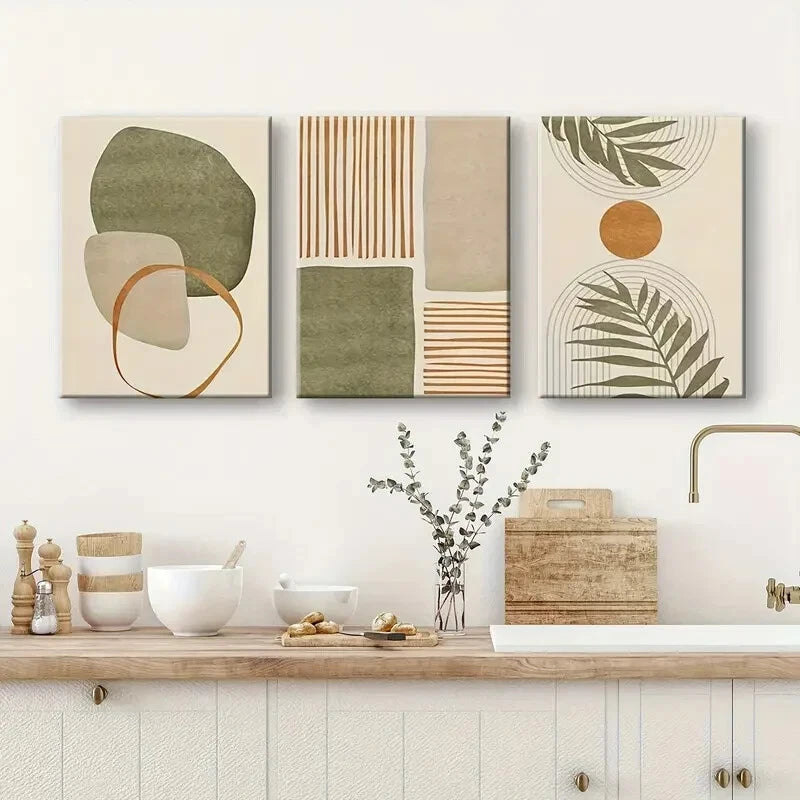 3pcs Tropical Leaves & Abstract Shapes Metal Print Ready to Hang Art