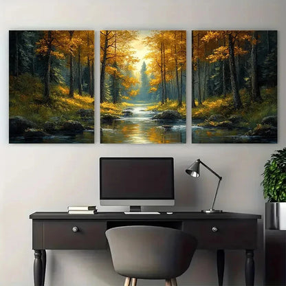 3pcs Forest of Trees with a River Landscape Metal Print Ready to Hang Art