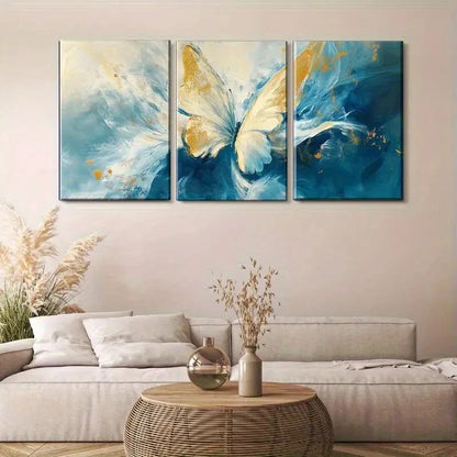 3pcs Butterfly Abstract Blue and White Swirls Metal Print Ready to Hang Art