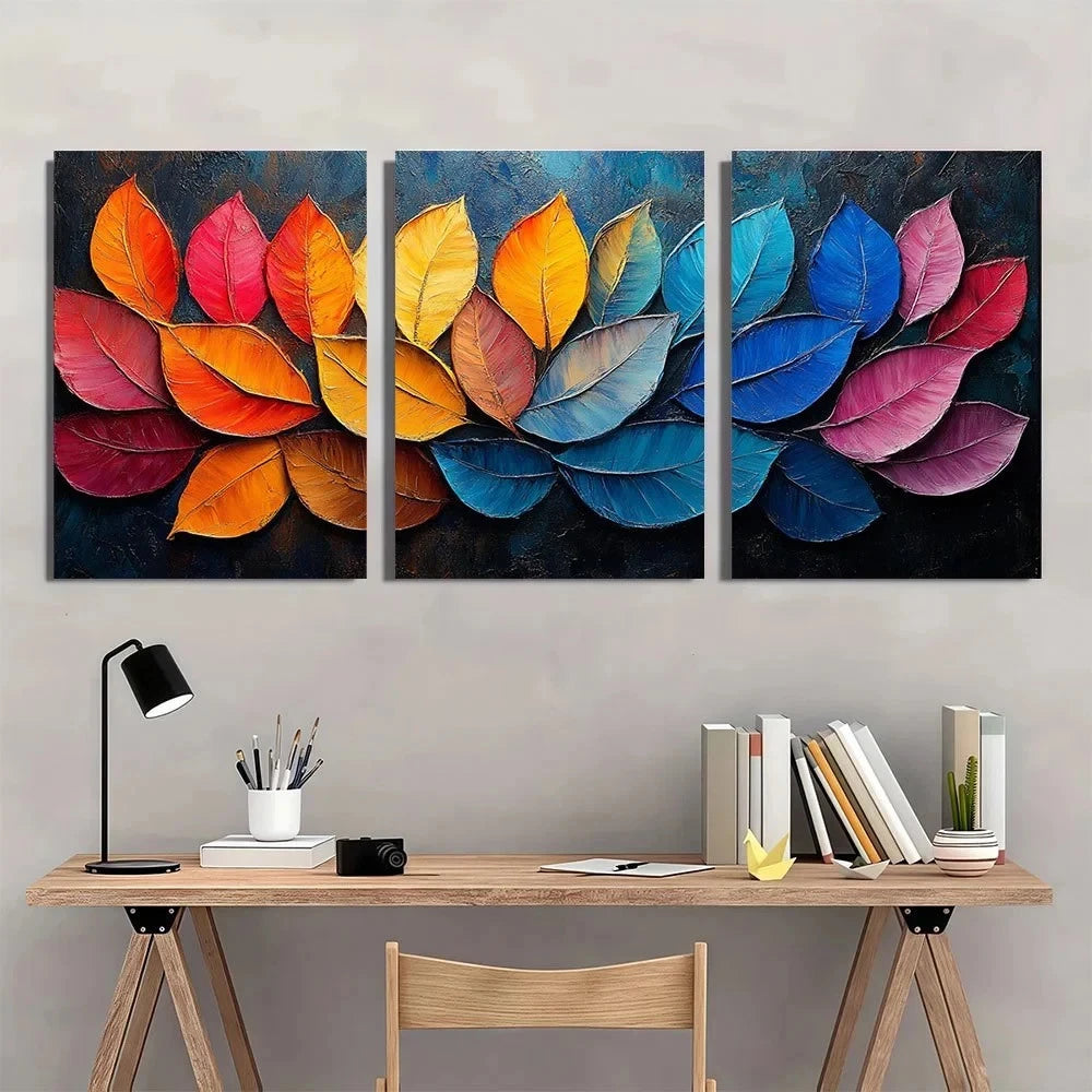 3pcs Vibrant Colorful Leaf Modern Abstract Metal Print Ready to Hang Art