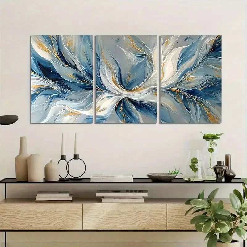 3pcs White and Blue Leaves Flowing Abstract Metal Print Ready to Hang Art