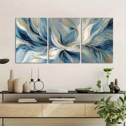 3pcs White and Blue Leaves Flowing Abstract Metal Print Ready to Hang Art