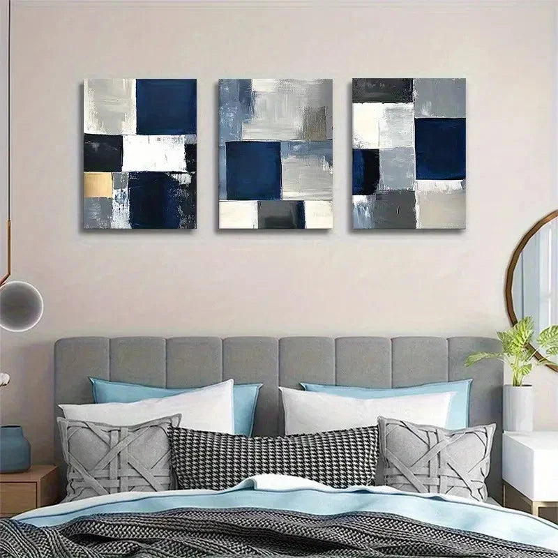 3pcs Navy Blue & White Textured Oil Paints Metal Print Ready to Hang Art