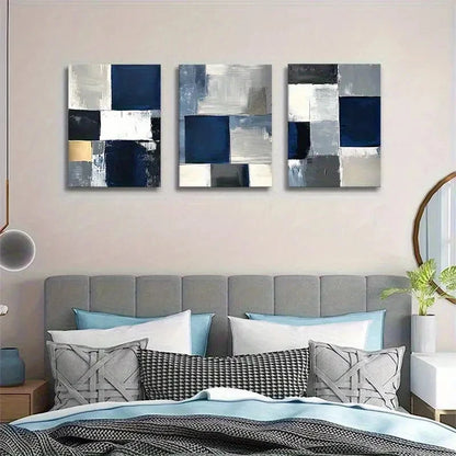 3pcs Navy Blue & White Textured Oil Paints Metal Print Ready to Hang Art