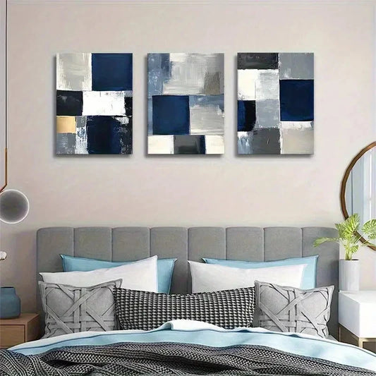 3pcs Navy Blue & White Textured Oil Paints Metal Print Ready to Hang Art