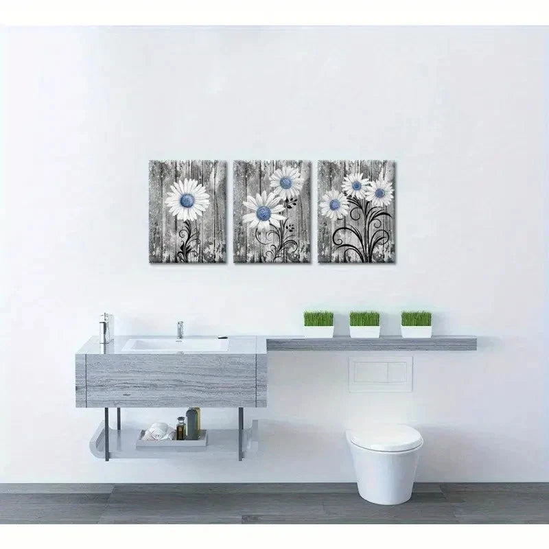 3pcs Rustic Blue Daisy Wall Art Design Metal Print Ready to Hang Art