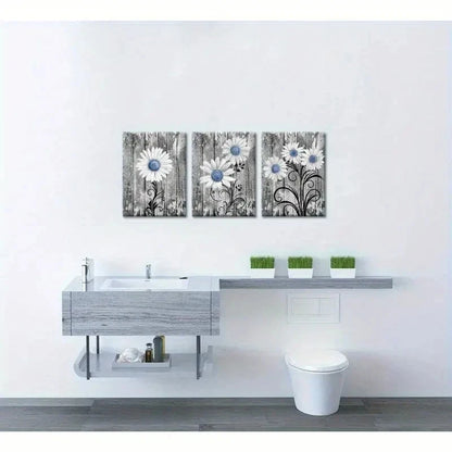 3pcs Rustic Blue Daisy Wall Art Design Metal Print Ready to Hang Art
