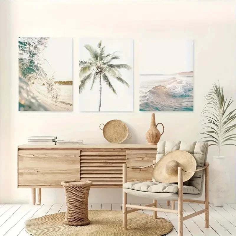 3pcs Ocean Waves Palm Trees & Surfing Scenes Metal Print Ready to Hang Art