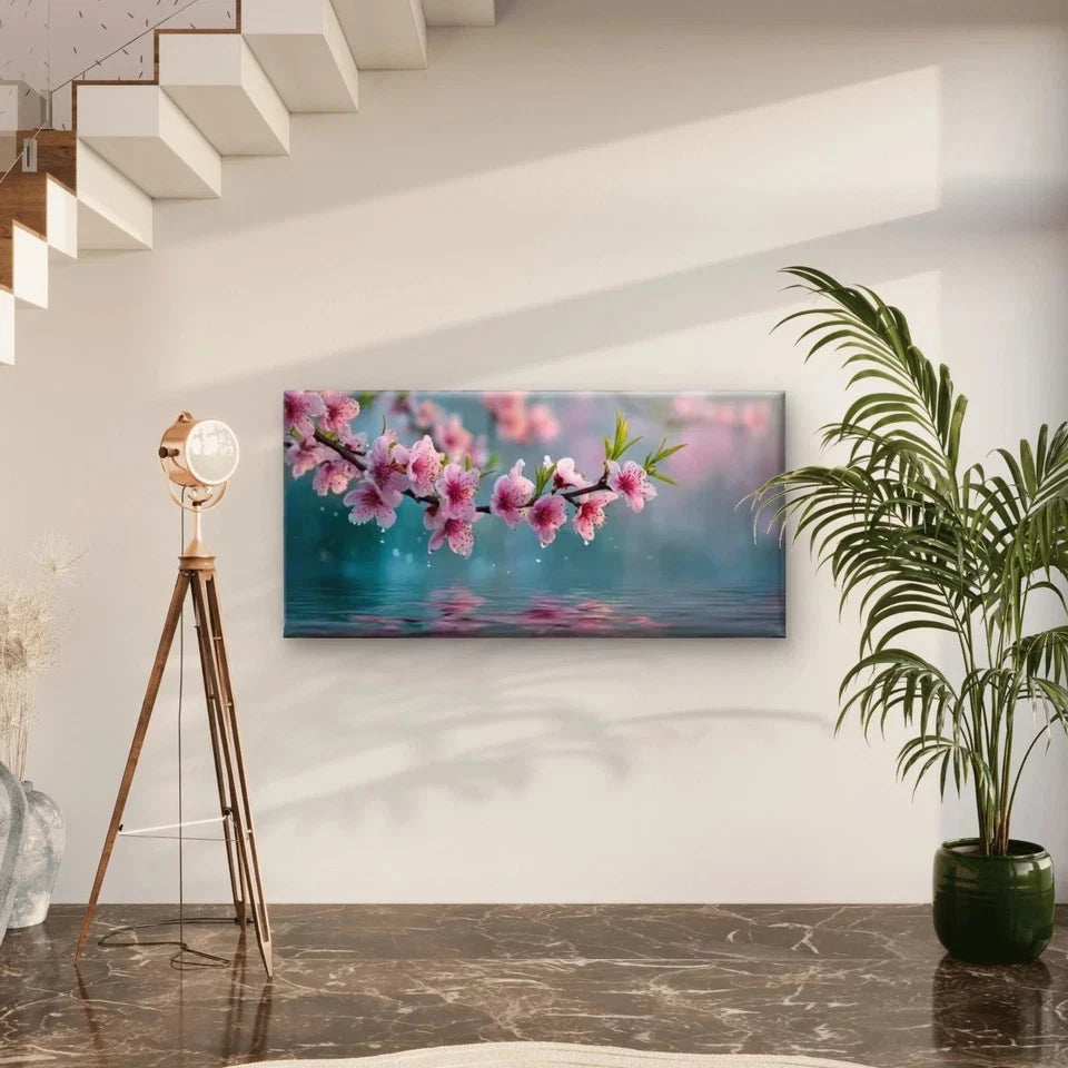 Falling Cherry Blossoms Lake Wall Art Canvas Office Home Room Framed 120x60cm