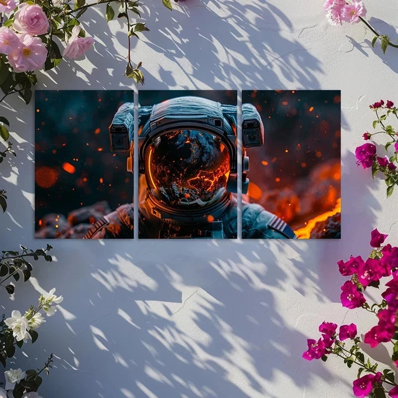 3pcs Astronaut Helmet Earth Lava Reflection Metal Print Ready to Hang Art