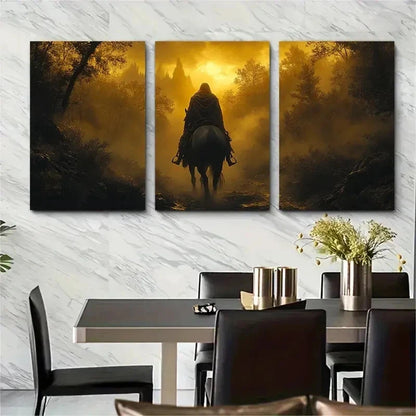 3pcs Mysterious Warrior on Horseback V Wall Art Set Canvas Framed 40x60cm - High Quality Print 100% Australian Made Wall Canvas Ready to Hang