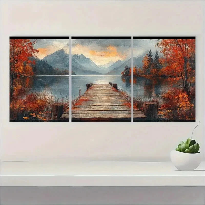 3pcs Autumn Lake Painting Vintage Landscape Metal Print Ready to Hang Art