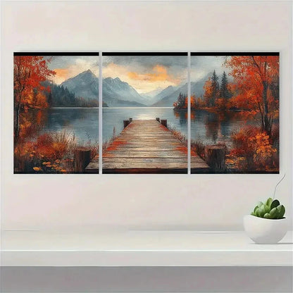 3pcs Autumn Lake Painting Vintage Landscape Metal Print Ready to Hang Art