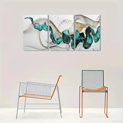 3pcs Teal and Golden Swirls with Birds Metal Print Ready to Hang Art