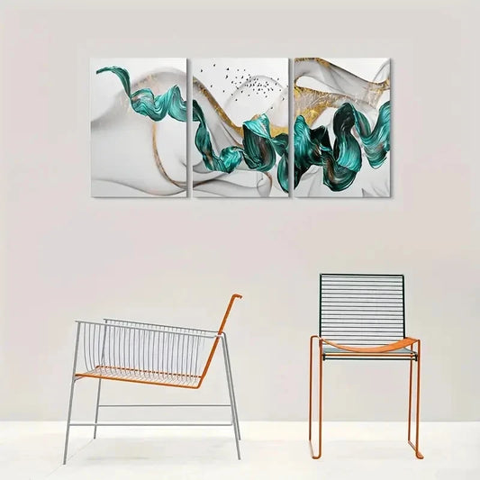 3pcs Teal and Golden Swirls with Birds Metal Print Ready to Hang Art