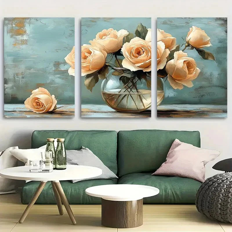 3pcs Beige Roses in Glass Vase Metal Print Ready to Hang Art